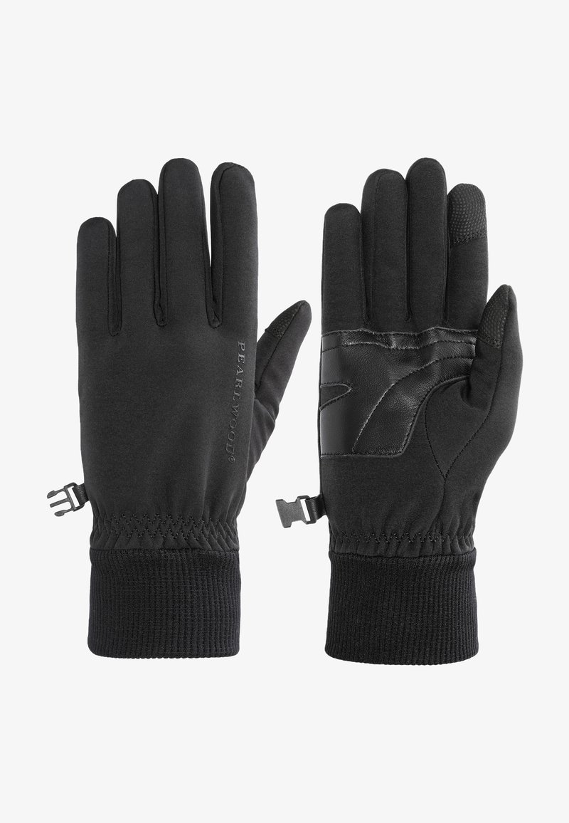 Juodi pirštinės, pagamintos iš minkštos medžiagos, su tekstūruota danga delne, elastiniais rankogaliais ir spaustuku, skirtu užveržti.