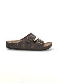 Sandalia deslizante de ante marrón con dos correas ajustables con hebillas, diseño de punta abierta y plantilla acolchada para mayor comodidad. Detalles de costura a lo largo de los bordes.