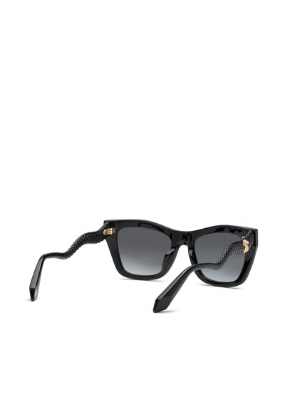 Lunettes de soleil carrées noires avec verres dégradés foncés et branches texturées au design serpent avec de petits accents dorés près des charnières.