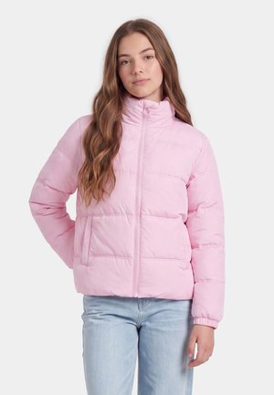 Jonge vrouw met lang golvend haar, gekleed in een lichtroze donsjas en lichtblauwe spijkerbroek tegen een effen witte achtergrond.