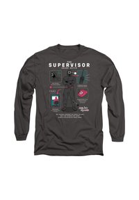 Long-sleeve black shirt featuring a graphic print of a character in a suit with a square head, text, and icons related to a watch.