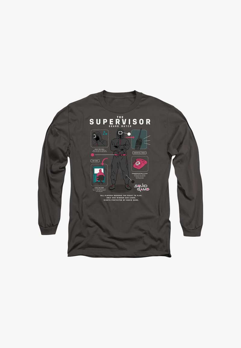 Schwarzes Langarmshirt mit einem grafischen Druck eines Charakters in einem Anzug mit quadratischem Kopf, Text und Symbolen, die mit einer Uhr in Verbindung stehen.