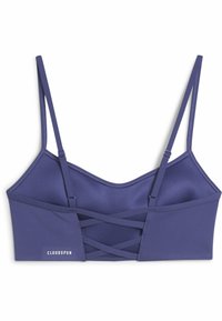 Bralette violet avec des bretelles fines ajustables, une texture lisse et un design croisé dans le dos. Présente le logo "CLOUDSPUN".