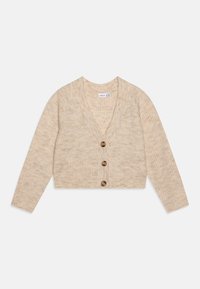 Beige stickad cardigan med v-ringning, med långärmar och tre framfickor med träknappar. Texturerad, kort design.