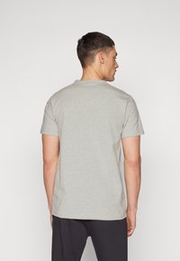 Camiseta de algodón gris con mangas cortas y cuello redondo, vista desde la parte posterior. Textura lisa con un color sólido, sin patrones o acentos visibles.