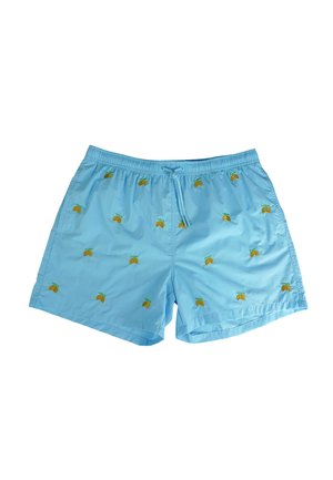 Costume da bagno azzurro chiaro con vita elasticizzata e coulisse, con piccoli motivi ricamati di frutta arancione sparsi sul tessuto.