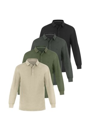 Vier langärmelige Poloshirts in Beige, Olivgrün, Dunkelgrün und Schwarz, diagonal angeordnet auf weißem Hintergrund.