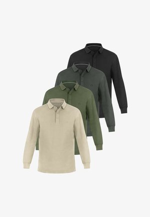 Vier langärmelige Poloshirts in Beige, Olivgrün, Dunkelgrün und Schwarz, diagonal angeordnet auf weißem Hintergrund.