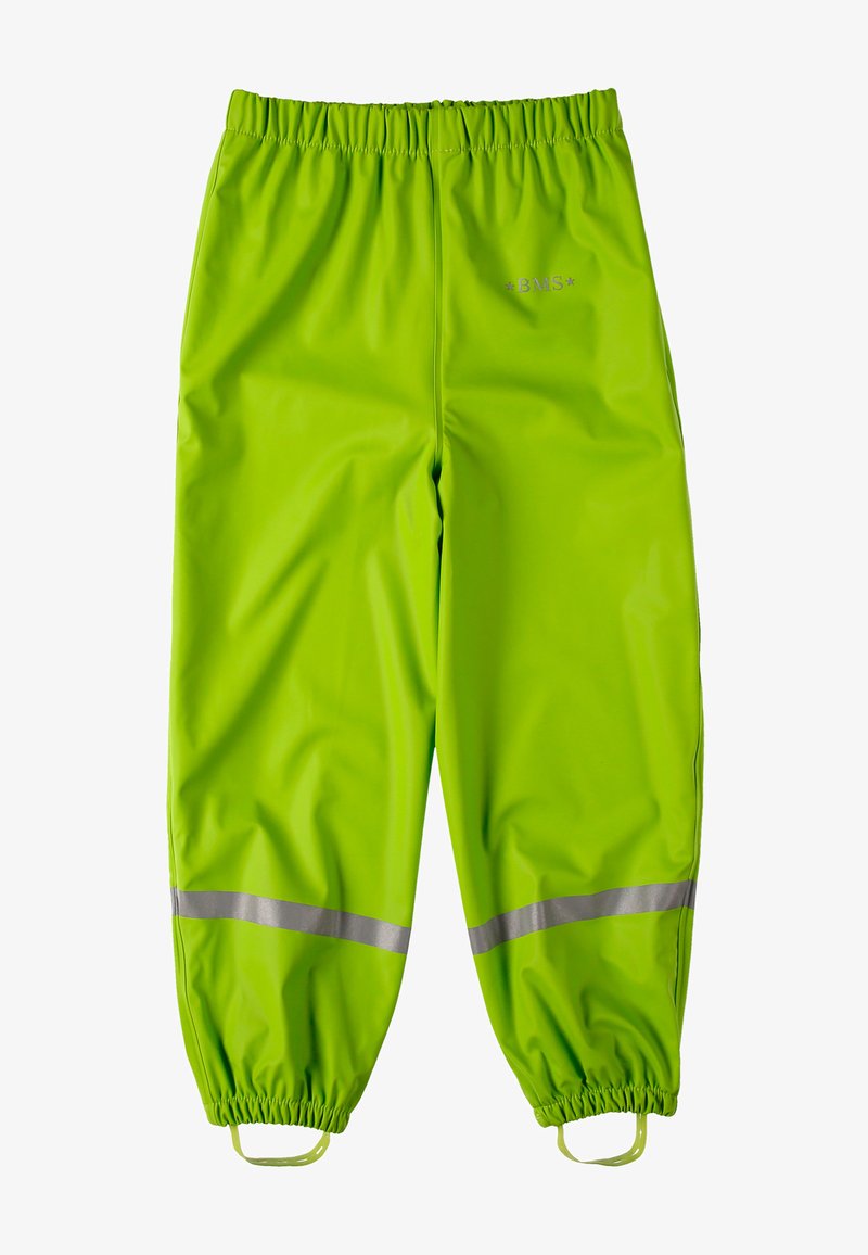 Helle grüne wasserdichte Hosen mit einem elastischen Bund, reflektierenden silbernen Streifen auf Wadenhöhe und verstellbaren Bündchen für einen sicheren Sitz.