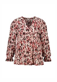 Blouse à manches longues en tissu léger, avec un décolleté en V profond, des manches bouffantes et un motif abstrait multicolore rouge, noir et blanc.