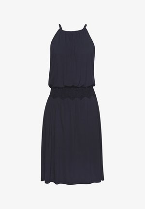 Marineblaues ärmelloses Kleid mit gerafftem Oberteil, Spitzenakzenten am Taillenbund und fließendem Rock. Hergestellt aus weichem, leichtem Stoff.