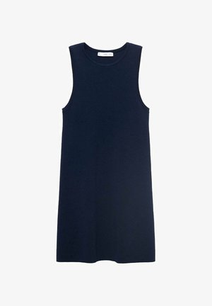 Morska haljina bez rukava izrađena od mekog materijala. Ima okrugli izrez i opušteni kroj, koji pada baš iznad koljena. Glatka textura kroz cijelu haljinu.