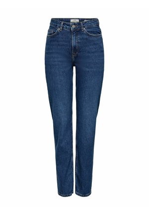 Jean en denim bleu foncé avec une coupe droite, taille haute, cinq poches, coutures claires et une finition texturée subtile.