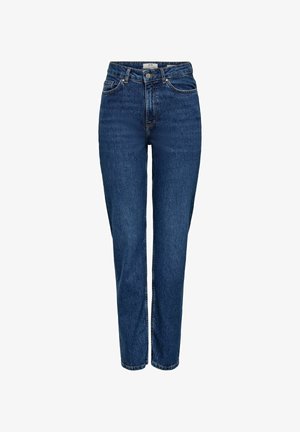 Jean en denim bleu foncé avec une coupe droite, taille haute, cinq poches, coutures claires et une finition texturée subtile.