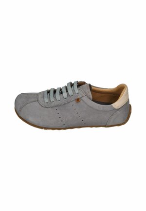 Gray suede casual sneaker with beige heel patch, light gray laces, small side perforations, and brown rubber sole.
