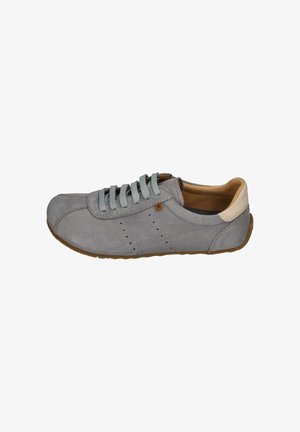 Gray suede casual sneaker with beige heel patch, light gray laces, small side perforations, and brown rubber sole.