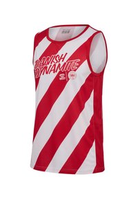 Mouwloos sportshirt met rood-witte diagonale strepen, tekst "Danish Dynamite" en logo van de Deense voetbalbond aan de voorkant.