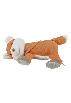 Oranger Fuchs-Plüschspielzeug mit einem strukturierten Samtkörper, weißen Gesichtszügen und weichen Pfoten. Es hat eine genähte braune Weste und einen eingewachsenen Schwanz.