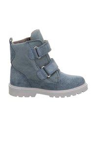 Blauer Wildleder-Stiefelette mit zwei Klettverschlüssen, grauer Sohle und dezenten Glitzereffekten. Mit gepolstertem Innenfutter für Komfort.