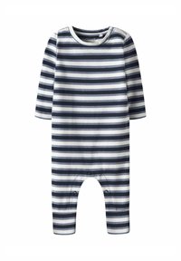 Navigatieblauw en witte gestreepte romper, gemaakt van zacht katoen, met lange mouwen, een ronde halslijn en drukknoopsluitingen onderaan.