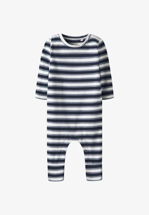 Body rayé bleu marine et blanc en coton doux, avec des manches longues, un col rond et des boutons-pression en bas.