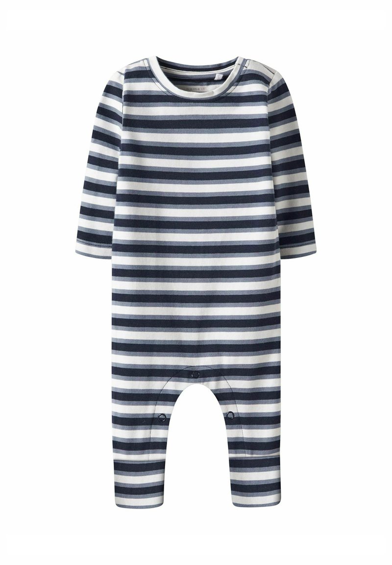 Navigatieblauw en witte gestreepte romper, gemaakt van zacht katoen, met lange mouwen, een ronde halslijn en drukknoopsluitingen onderaan.