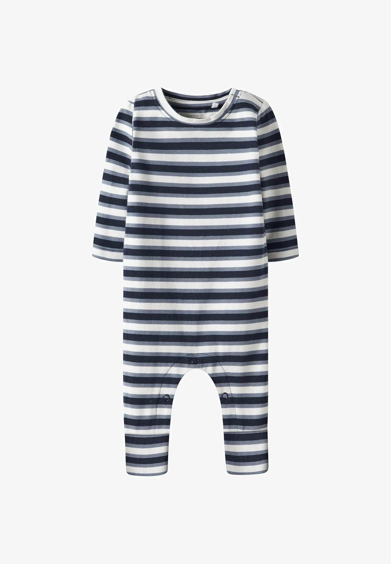 Navigatieblauw en witte gestreepte romper, gemaakt van zacht katoen, met lange mouwen, een ronde halslijn en drukknoopsluitingen onderaan.