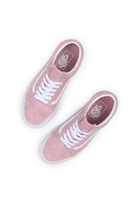 Pink suede sneakers with white laces and side accents, featuring a padded collar and branded insole. Flat rubber outsole.