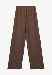 Brune, løst siddende bukser med elastisk talje og tekstureret stof. Bred ben og et strømlignet design, der er velegnet til hverdagstøj.