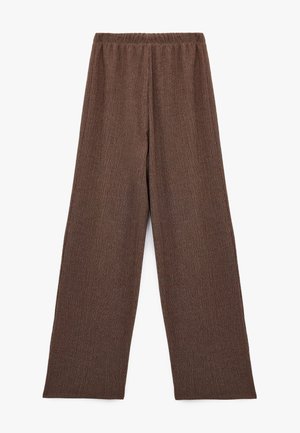 Brown, loosely fitted, elastic-waist pants with a textured fabric. Wide legs and a sleek design suitable for casual wear.
