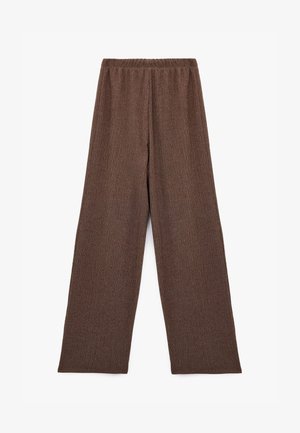 Brown, loosely fitted, elastic-waist pants with a textured fabric. Wide legs and a sleek design suitable for casual wear.