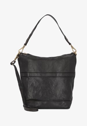 Sac à épaule en cuir noir avec fermoirs dorés, une sangle courte et une sangle longue réglable sur fond blanc.