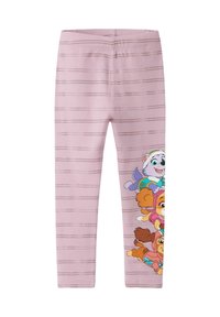 Różowe legginsy wykonane z elastycznej tkaniny, z poziomymi paskami i kolorowymi postaciami nadrukowanymi po bokach. Elastyczny pas.