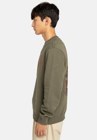 Sudadera de color verde oliva con puños y cuello acanalados. Cuenta con gráficos coloridos en la parte posterior. Tela suave y texturizada. Corte estándar.