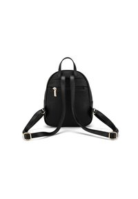 Zwarte leren rugzak met structuur, verstelbare schouderbanden, ronde vorm, achterzak met rits en accenten in goudkleurig metaal.