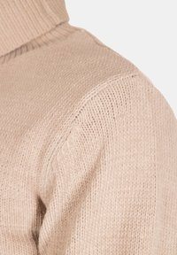 Maglione beige lavorato a maglia con colletto alto. La texture è a coste, con una trama allentata e cuciture sottili lungo la spalla.