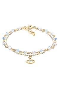 Guld kedjearmband med klara kristallpärlor och en ögonformad charm med en central rhinestone. Justerbar låsning.