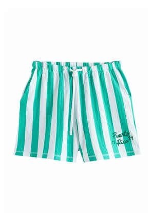 Grønne og hvide vertikalt stripede shorts med elastisk talje, snøre, sidelommer og "Puerto Rico" broderet på højre ben.