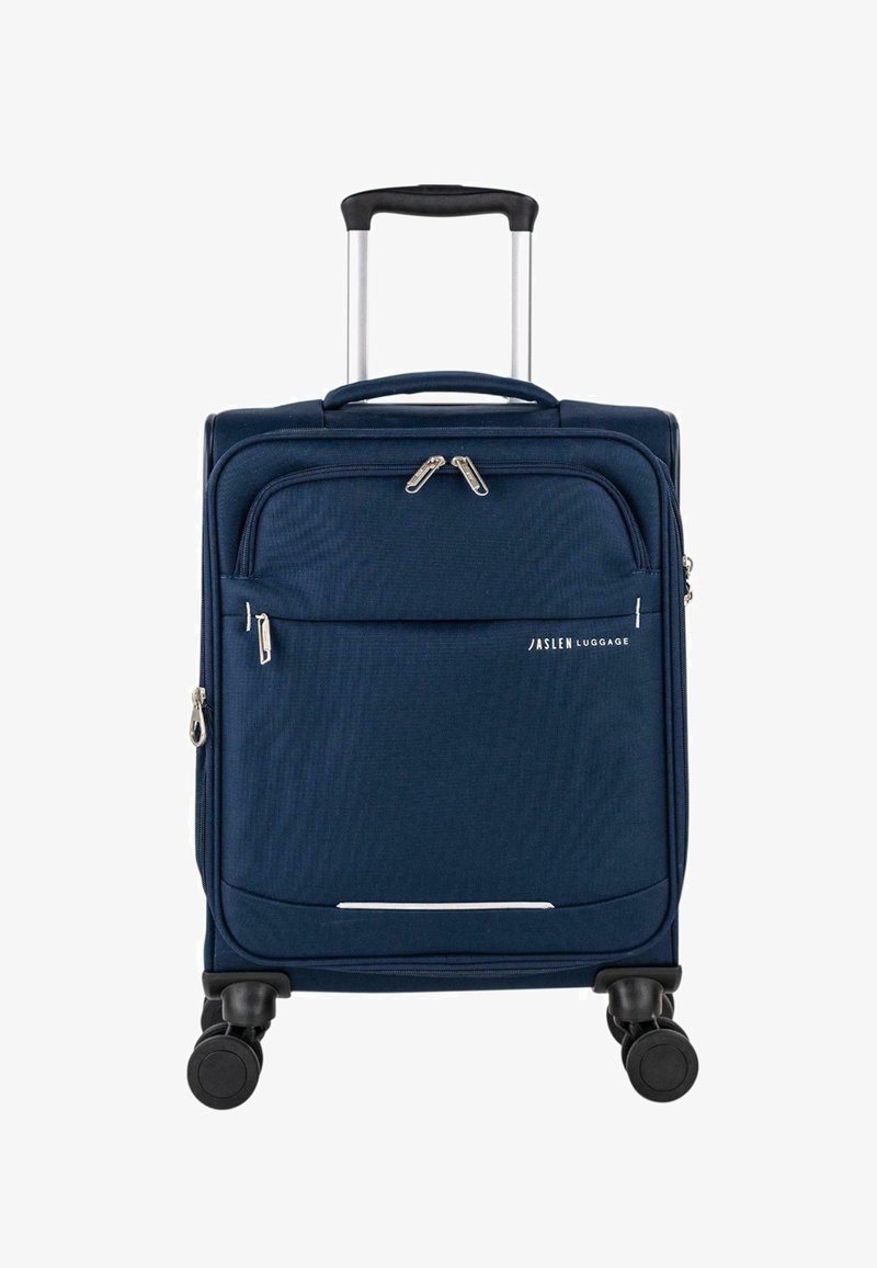 Maleta azul marino con superficie de tela texturizada, asa telescópica, doble cremallera, bolsillo delantero y cuatro ruedas para facilitar el movimiento.