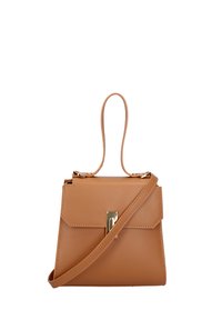 Borsa a mano in pelle color tan con una forma strutturata, manico superiore e lunga tracolla. Presenta una chiusura in tono oro e linee pulite.