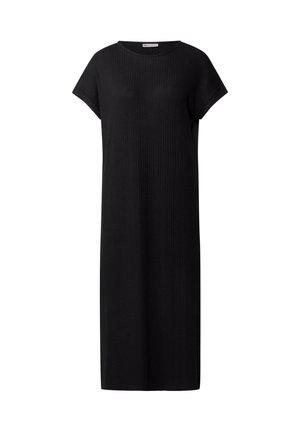Schwarzes Rippenkleid mit lockerem Schnitt, kurzen Ärmeln und rundem Ausschnitt, mit knie-langer Länge und strukturiertem Stoff.