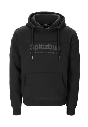 Schwarzer Hoodie mit Tasche auf der Vorderseite, verstellbarem Kordelzug an der Kapuze und einem strukturierten "Spitzbub Sportswear Edition"-Logo auf der Brust.