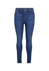 Leggings en denim bleu avec une taille élastique, présentant une coupe slim, une texture lisse et un design minimaliste. Pas de poches visibles.