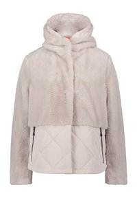 Veste en fausse fourrure beige clair avec une partie inférieure matelassée. Dotée d'un col haut et de poches latérales zippées. Texture douce et design court.