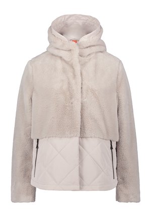 Faux-Fur-Jacke in hellem Beige mit einem gesteppten unteren Abschnitt. Verfügt über einen hohen Kragen und seitliche Reißverschlusstaschen. Weicher Stoff und cropped Design.