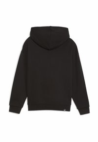 Svart huvtröja med en känguruficka, ribbade ärmslut och nederkant, mjuk textur och en logotagg på den nedre sidan. Har en stor, rund huv.