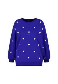 Sweat-shirt bleu avec motifs de cœurs blancs, col rond et manches longues avec poignets élastiques. Tissu doux avec une coupe décontractée.