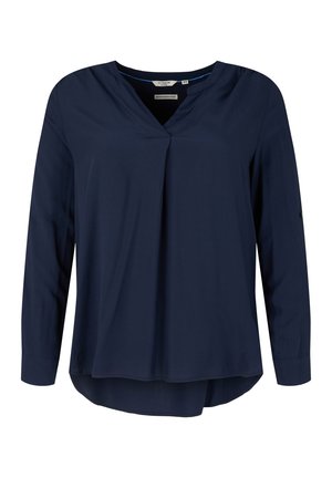 Blouse à manches longues bleu marine avec décolleté en V et détails de plis. Texture lisse, ourlet légèrement arrondi et accents de boutons sur les manches.