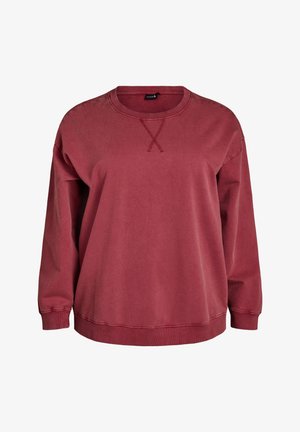 Bordeauxrotes Sweatshirt mit Rundhalsausschnitt aus weicher Baumwolle. Verfügt über lange Ärmel, gerippte Bündchen und ein gestepptes Kreuz-Design am Ausschnitt.