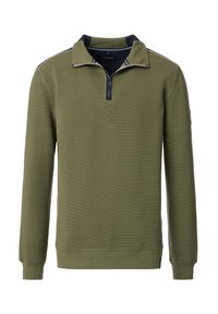 Grön pullovertröja med dragkedja i kragen, ribbad textur, marinblå detaljer på kragen och axlarna, samt logotypdetalj på ärmen.